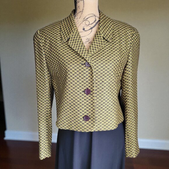 Ann May Womens Cropped Blazer Jacket Woven Silk Yellow & Black Patterned-SZ10 - Picture 6 of 8